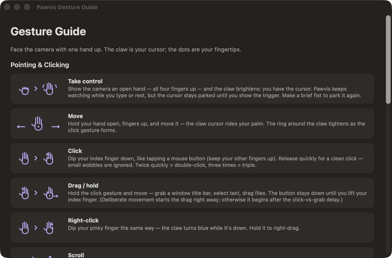 The Pawvis Gesture Guide window, listing Take control, Move, Click, Drag / hold and Right-click, each illustrated with a drawing of the whole gesture: the hand before, an arrow, and the hand after.