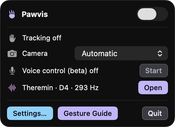 The Pawvis menu bar panel: a tracking switch, 'No hands in view', 'Voice control (beta) off', a Theremin row with an Open button, and buttons for Settings, Gesture Guide and Quit.