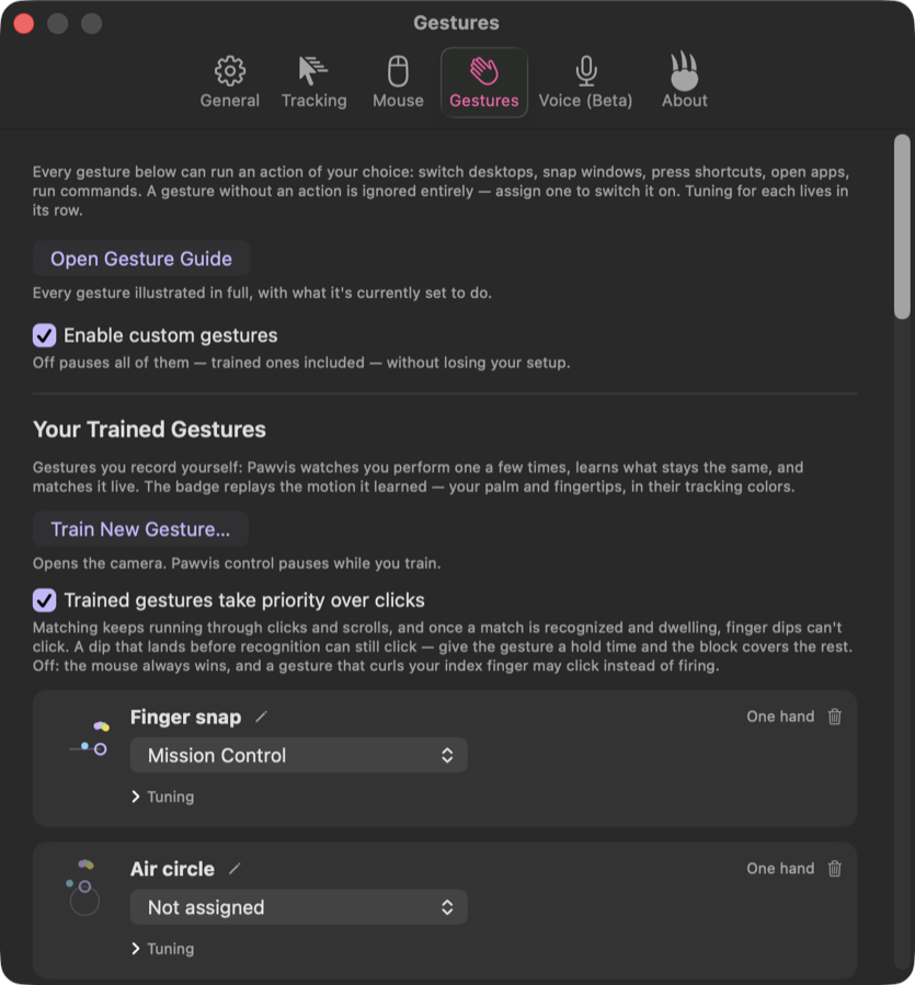 The Pawvis Settings window on the Gestures tab: an Open Gesture Guide button, then every custom gesture, raised and pointed wiggles included, listed with a drawing of its pose, a menu naming its action or Not assigned, and a collapsed Tuning section.