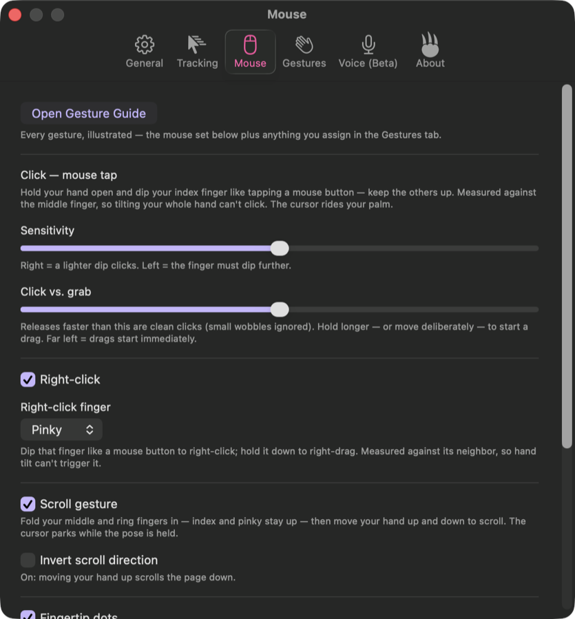 The Pawvis Settings window on the Mouse tab, with an Open Gesture Guide button, sensitivity and click-vs-grab sliders and toggles for right-click and scroll.