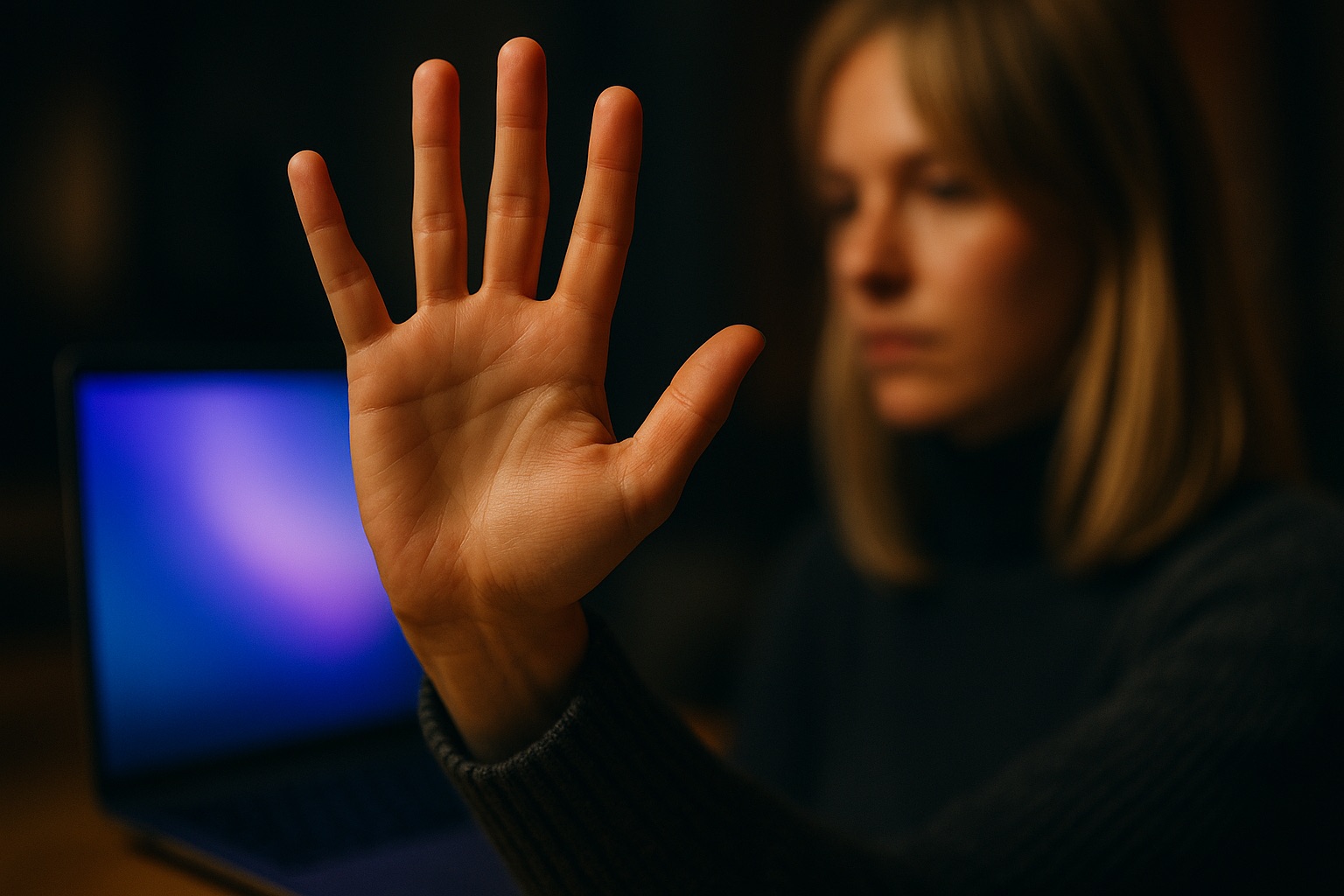 Close-up of an open raised hand in front of a glowing laptop screen, lit in purple and blue.
