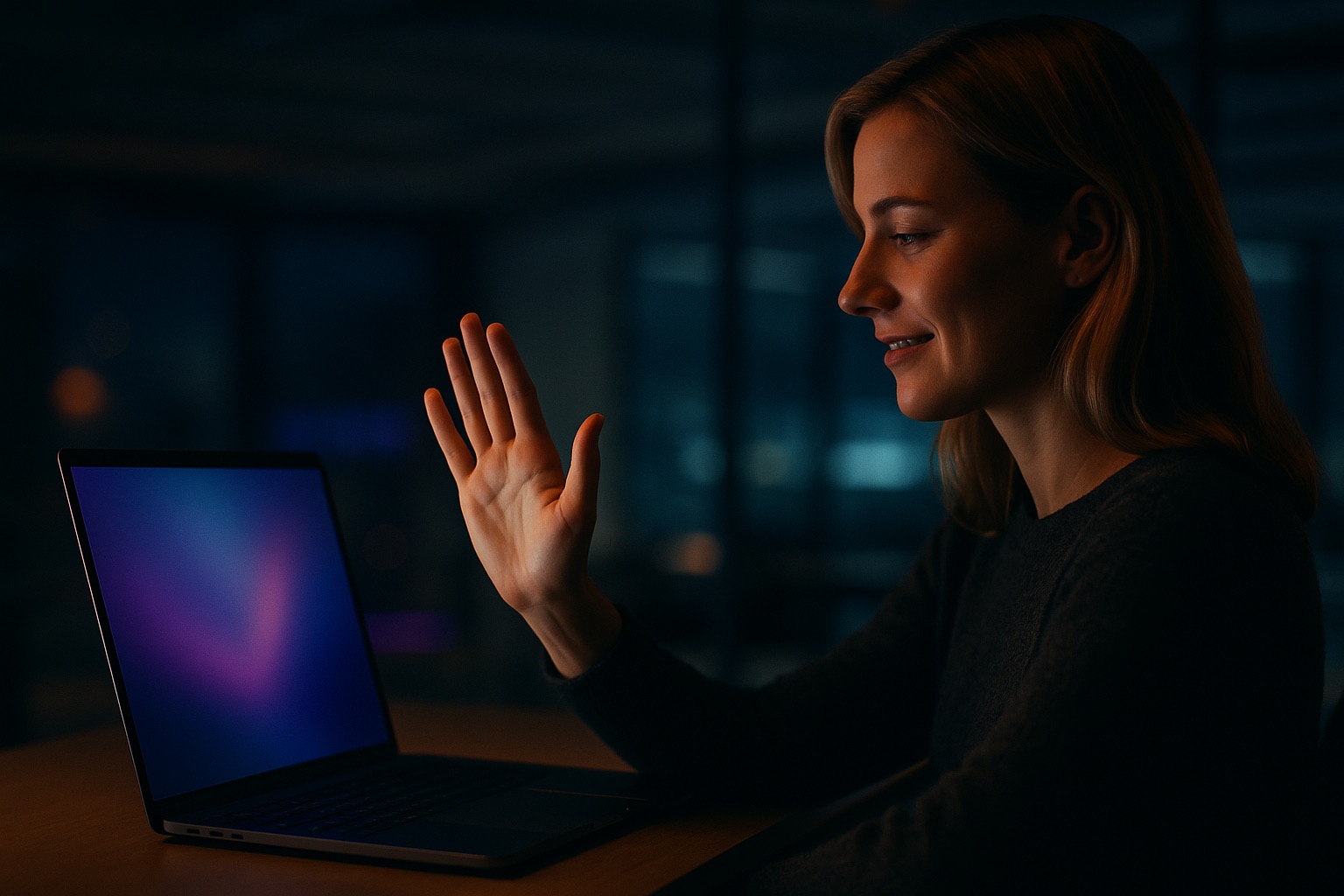A woman directs her MacBook with a raised open hand, in a dark office lit purple and blue.