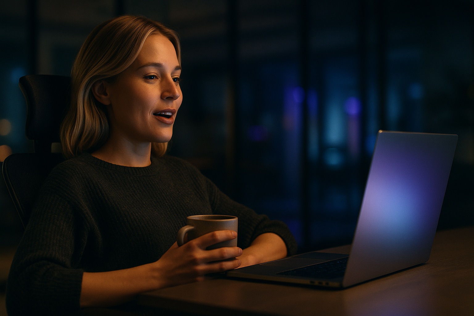A woman leans back from her MacBook with a coffee in hand, speaking a command to it.